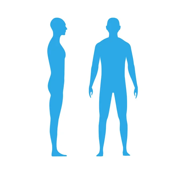 Vista frontal e lateral silhueta do corpo humano de um homem adulto —  Vetores de Stock