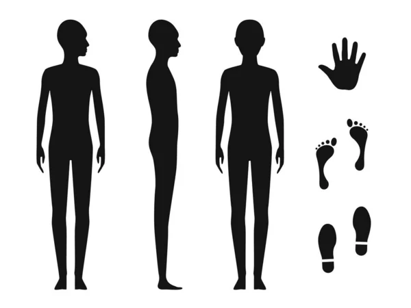 ジェンダーニュートラルな人体シルエット 裸体の裸足の10代のステンシル パームハンド 素足と靴跡 — ストックベクタ