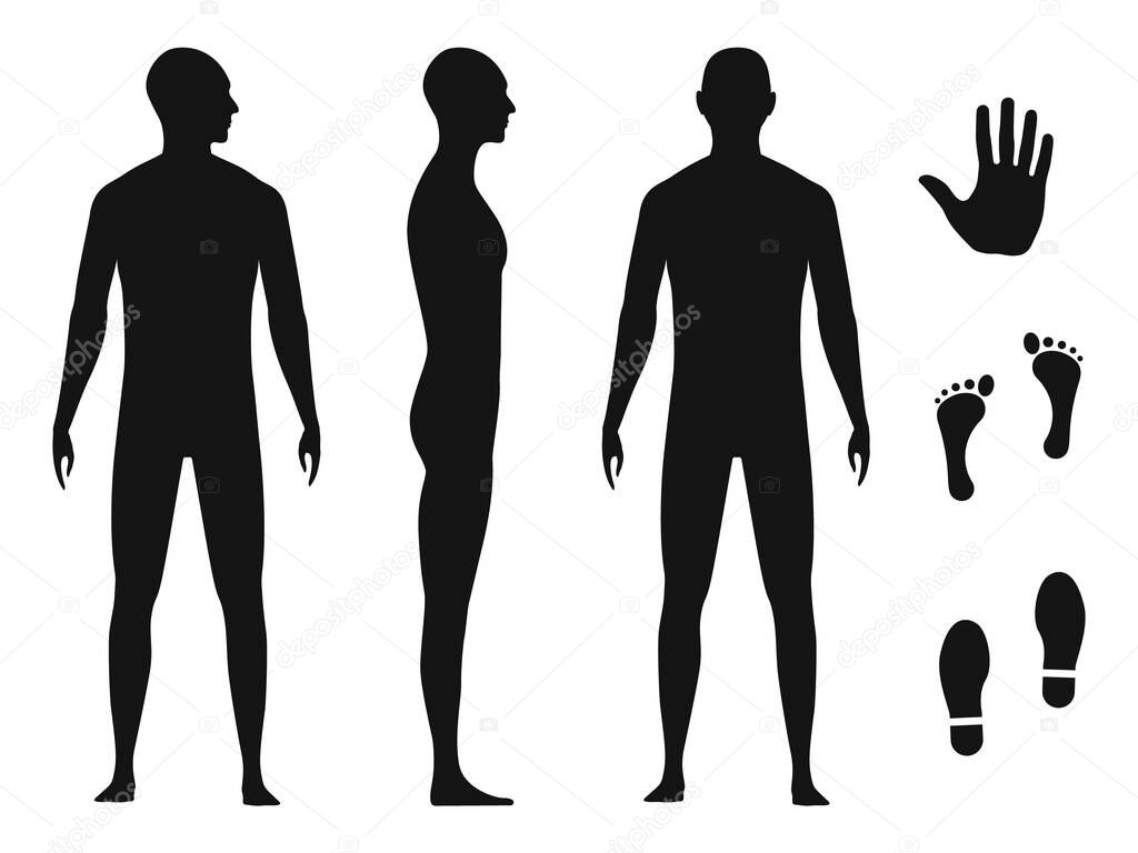 Human body silhouette of a bald naked barefoot adult male. Palm hand, bare feet and shoe trace.