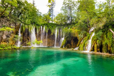 Hırvatistan 'ın Plitvice Ulusal Parkı' ndaki en ünlü şelalenin güzel manzarası