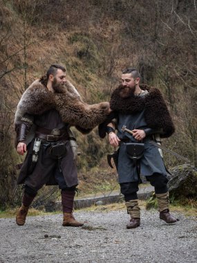 iki Viking savaşçıları bir antik orman yolunda yürümek