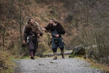 iki Viking savaşçıları bir antik orman yolunda yürümek