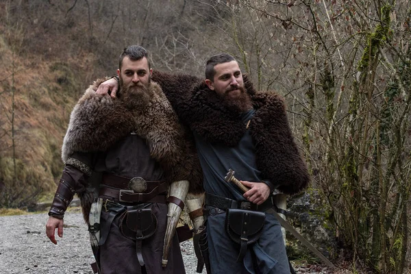 フォレストの 2 つのバイキングの戦士散歩を抱きしめ — ストック写真