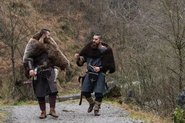 iki Viking savaşçıları bir antik orman yolunda yürümek