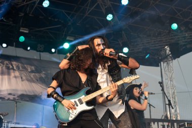 Bergamo, Italy - August 04, 2018: The rock metal group SAILING TO NOWHERE performs at METAL FOR EMERGENCY in Filagosto Festival of Filago (BG). Brambilla Simone Live News photographer