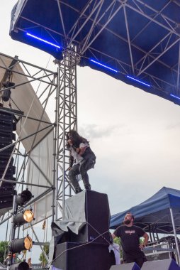 Bergamo, Italy - August 04, 2018: The rock metal group SAILING TO NOWHERE performs at METAL FOR EMERGENCY in Filagosto Festival of Filago (BG). Brambilla Simone Live News photographer