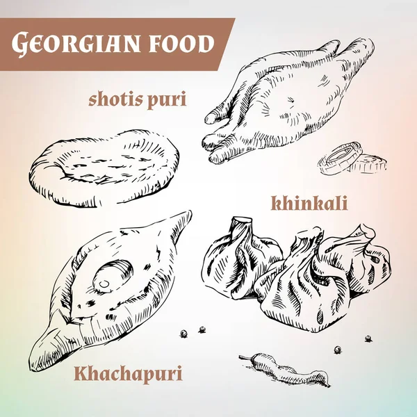 Cuisine géorgienne, repas traditionnels Tbilissi. Baeking et coocking — Image vectorielle