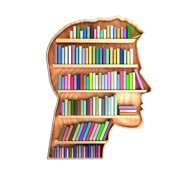 Hlava ve tvaru knihovnu obsahující knihy na policích. Koncept mozku. 3D vykreslování — Stock fotografie