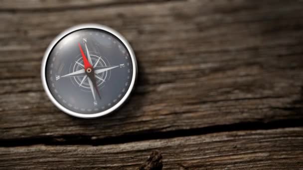 Close up compass showing north on a wooden table. 3D Rendering — Stock Video