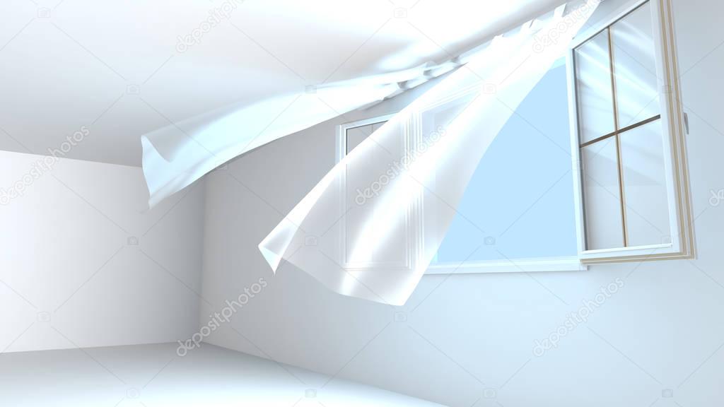 Opened windows, the pure air enters the room. 3D Rendering
