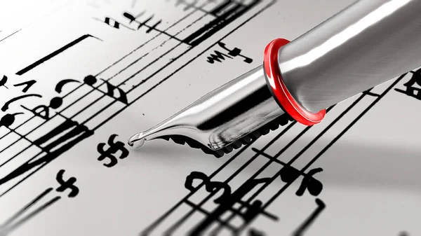 Close-up on a fountain pen of a music composer. 3D rendering. — Stock Photo, Image