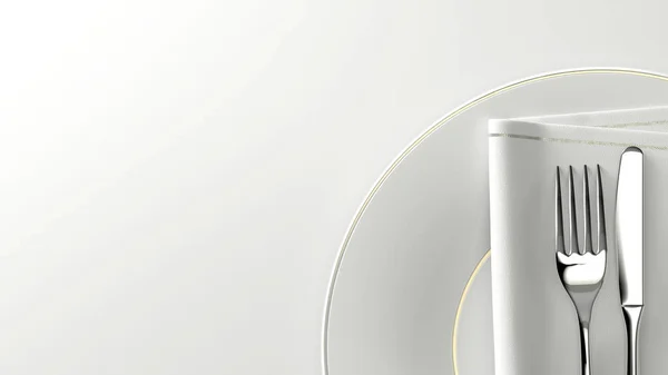 Plancha Diseño Limpio Tenedor Cuchillo Toalla Plato Con Espacio Vacío —  Fotos de Stock