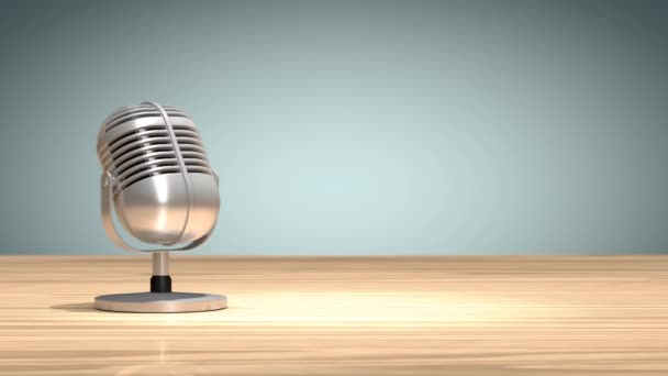 Mikrofon Evet Demeye Başını Sallayarak Vintage Mikrofon Üzerinde Ahşap Bir — Stok video