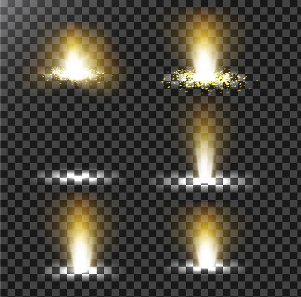 Conjunto de ilustraciones vectoriales de un rayo de luz dorado con brillo, un haz de luz — Archivo Imágenes Vectoriales