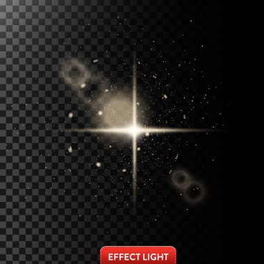 Parlayan ışık efekti ışınları ile vektör çizim, objektif fişekleri ve küçük kıvılcımlar