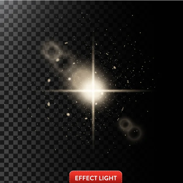 Vektorillustration av en glödande ljuseffekt med strålar, objektivet nödraketer och gnistor små — Stock vektor