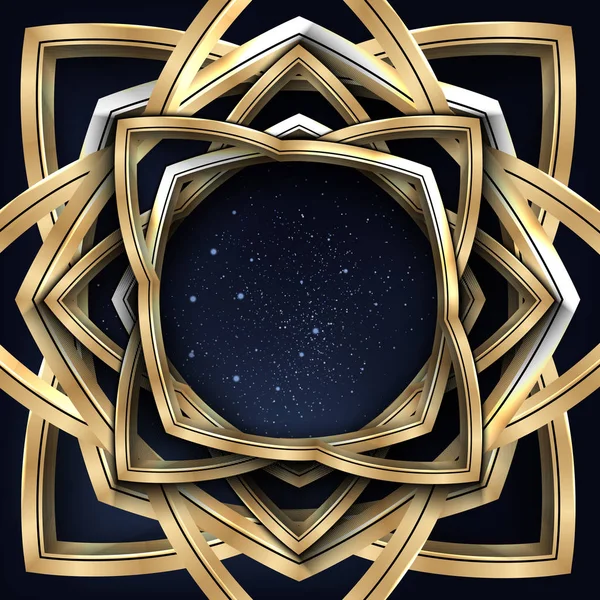 Illustration vectorielle d'un cadre vintage doré avec ciel étoilé nocturne à l'intérieur sur fond noir . — Image vectorielle
