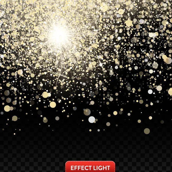 Ilustración vectorial de un brillo dorado brillante que cae, confeti sobre un fondo negro — Vector de stock