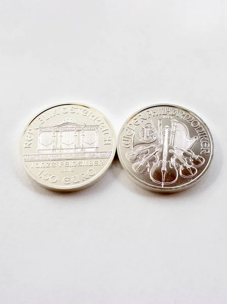Investment silver coins from an Austrian mint — Stock Photo, Image