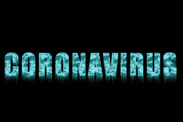 Concept Coronavirus Black Background Texto Congelado Decorativo Coronavírus Com Icicles — Fotografia de Stock