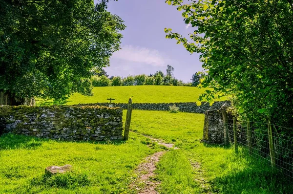 Weg und Trockenmauer auf Weideflächen. — Stockfoto