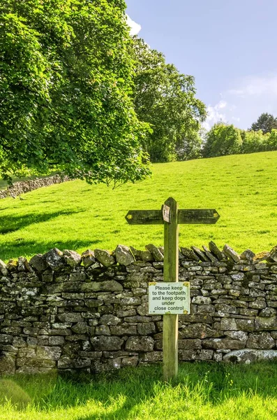 Signe de sentier sur un champ vert en pente — Photo