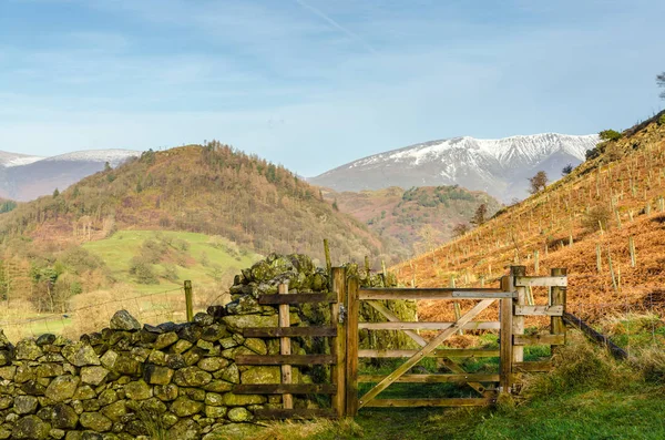 Un cancello di legno su una collina nel distretto lacustre inglese con Blencathra sullo sfondo — Foto Stock