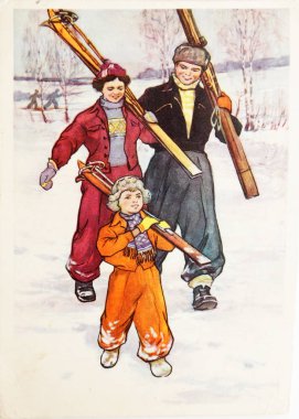 Anne ve oğlu ile Kayak Sovyet kartpostal gösterir
