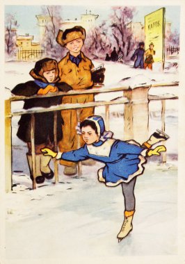 Çocukların buz pateni Sovyet kartpostal gösterir