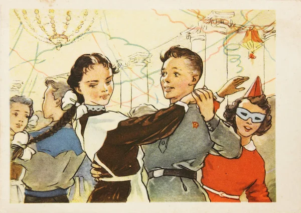 Soviet postcard shows young soviet pupils at school dance — Stock Photo, Image