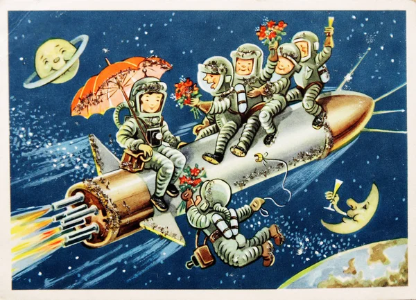 Stara niemiecka pocztówka pokazuje astronauci — Zdjęcie stockowe