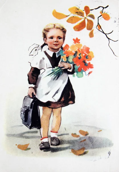 Soviet postcard devoted to  first september — Stock Photo, Image