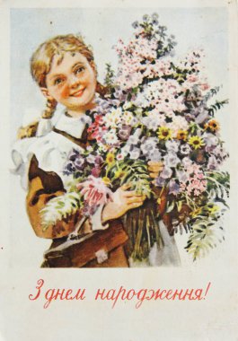 Sovyet kartpostal bir kız buket çiçek ile gösterir