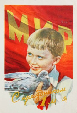 Sovyet posta kartı güvercin çocukla gösterir