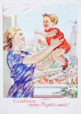 SSCB-Circa 1950'lerde: Sovyet kartpostal adamış Mayıs günü, çocuk, yaklaşık 1950'lerde, metin Rusça annesiyle gösterir: 1 Mayıs
