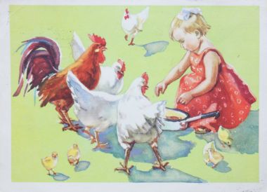 SSCB-Circa 1960'larda: Sovyet kartpostal gösterir tavukları, 1960'larda yaklaşık bir kızla