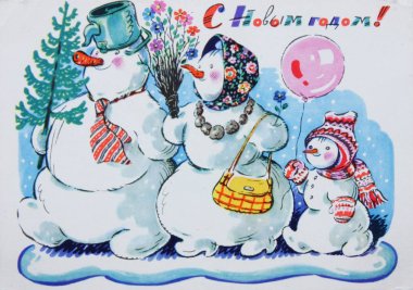 SSCB-Circa 1960'larda: Noel için Sovyet kartpostal Snowmans, 1960 ' larda yaklaşık Rus mutlu yeni yıl metinde gösterir