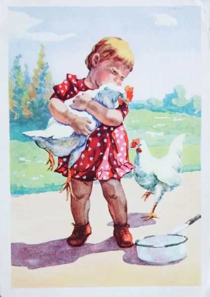 SSCB-Circa 1960'larda: Sovyet kartpostal gösterir tavukları, 1960'larda yaklaşık bir kızla