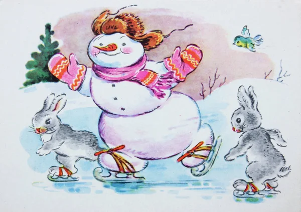 Ussr Circa 1960S Soviet Postcard Christmas Shows Snowmans Ice Circa — Stock Photo, Image