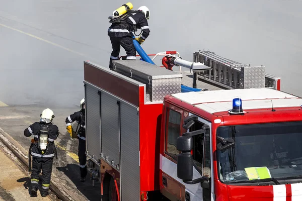 a team of three firefighters is preparing to quench a fire. fire command for the benefit of the public. the heroes of the city. well-equipped and whipped firefighters carry out their duty.