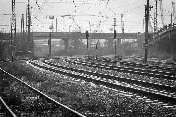 Voies Ferrées Voies Ferrées Noir Blanc Sans Train Réseau Ferroviaire — Photo