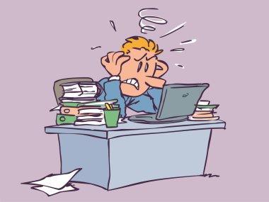 İşadamı çok fazla kağıtları ile onun masasında boğulmuş