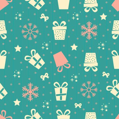 Dikişsiz Noel desen renkli hediye, kar taneleri ve yıldız yeşil zemin üzerine