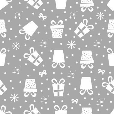 Dikişsiz Noel desen hediye, kar taneleri ve yıldız ile gri arka plan üzerinde