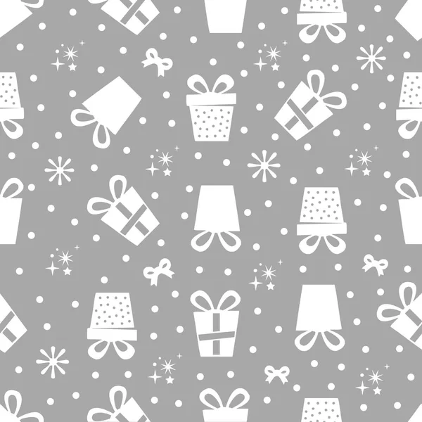 Dikişsiz Noel desen hediye, kar taneleri ve yıldız ile gri arka plan üzerinde
