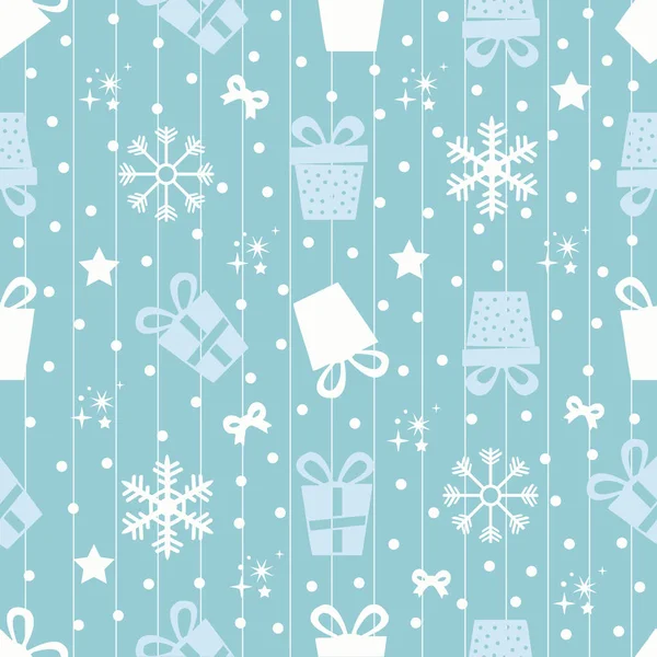 Padrão de Natal sem costura no fundo azul com presente, flocos de neve e estrelas — Vetor de Stock