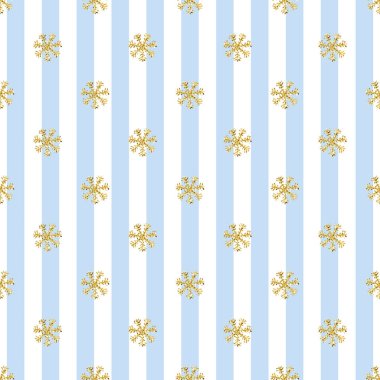 Sorunsuz altın Glitter Snowflakes desen mavi şerit arka plan üzerinde