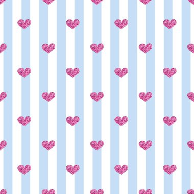 Mavi Şerit arka plan üzerinde sorunsuz pembe kalp Glitter