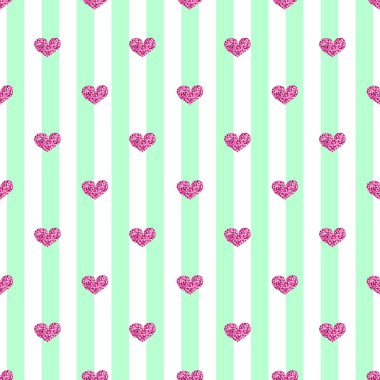 Yeşil çizgili arka plan üzerinde sorunsuz pembe kalp Glitter