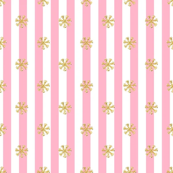Nahtlose Goldglitter Schneeflocken Muster auf rosa Streifen Hintergrund — Stockvektor
